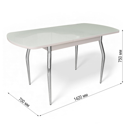 Стол ПГ-01 СТ 1100(1420)*700, ЛДСП Белое, Стекло Белое/нога ГНУТАЯ хром 4
