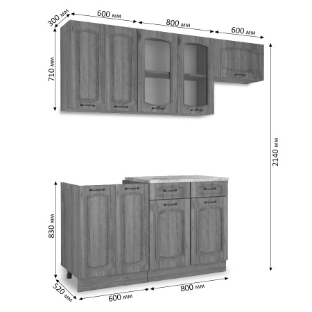 Кухонный гарнитур Равенна Анкор светлый/Дуб светл/Дуб дымчат (Столешница Альберика+сушка+планка) 