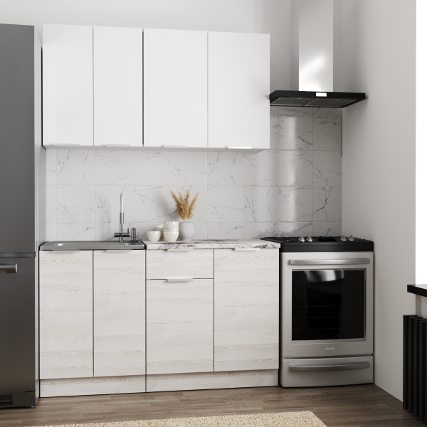 Кухня РЕГГИ Белый Жемчуг/Сосна Лофт (столеш.Альберика+сушка+планка) 1.4м 